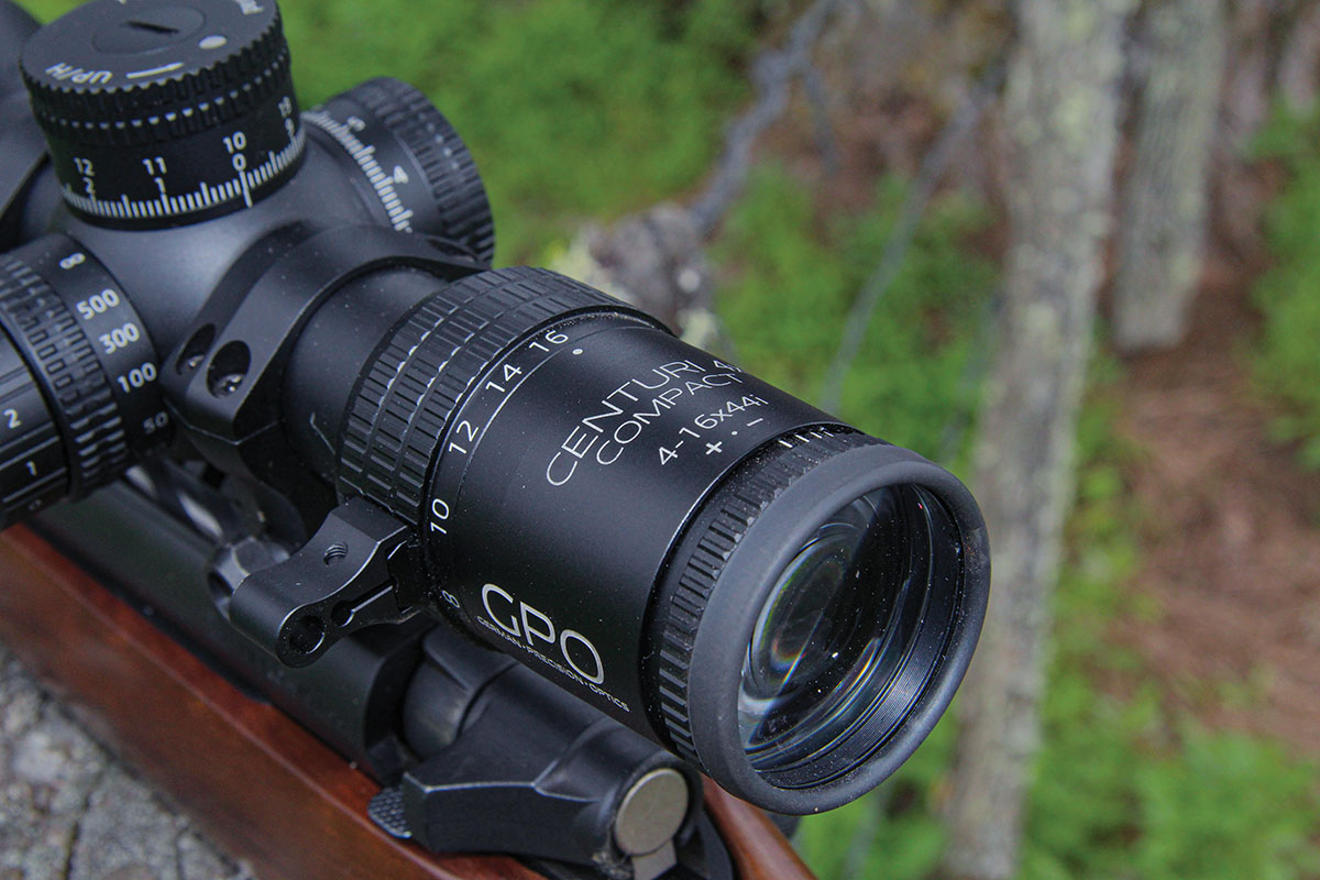 The GPO Centuri Super Compact magnification ring includes a wide and generously knurled surface that makes adjustment easy. Magnification powers are marked at the 4, 5, 6, 8, 10, 12, 14 and 16 positions.